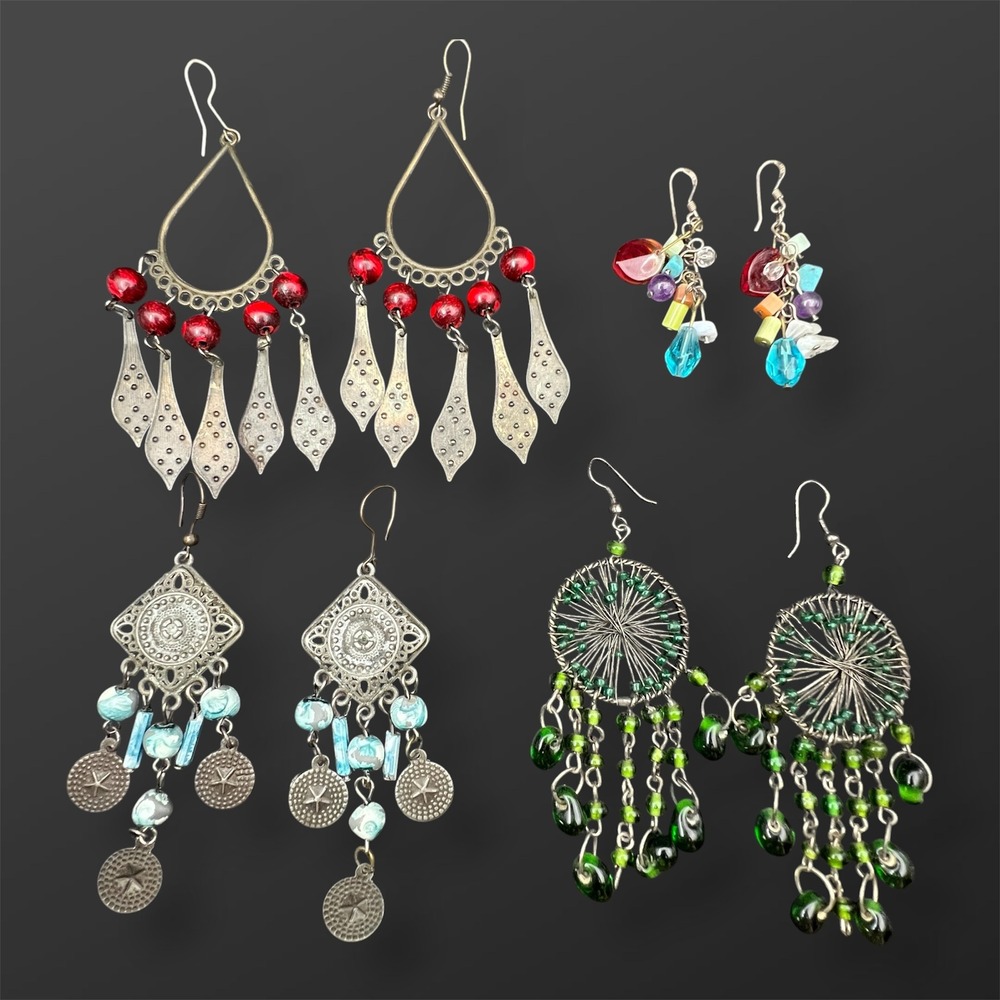 Lot of 4 Pairs Boho Dangle Earrings Beaded Filigree Star Sunburst Eclectic Set